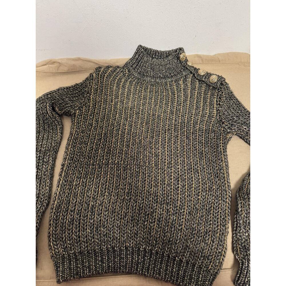 Balmain Sweater Womens Small Black Gold Metallic Mohair Wool Turtleneck Rib Knit